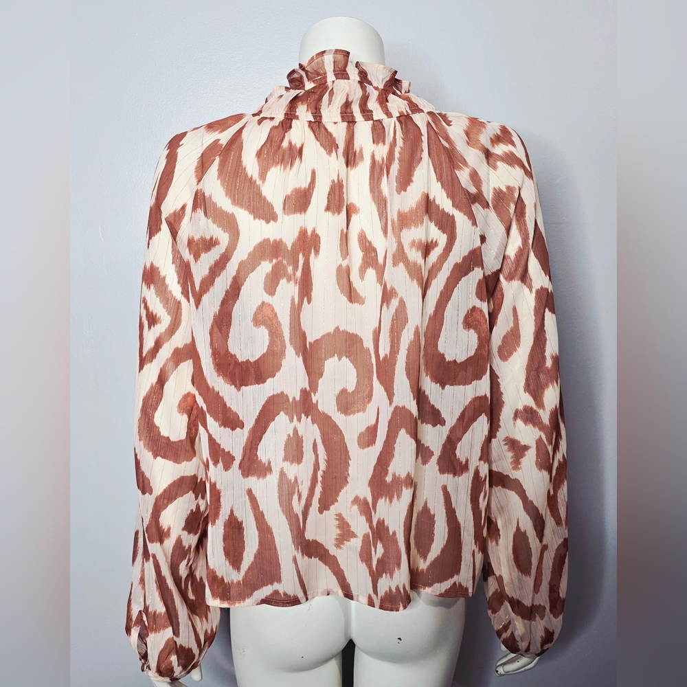 Sheer Women's Ruffle-Neck Button Front Blouse - Cream & Rust - Picture 7 of 9